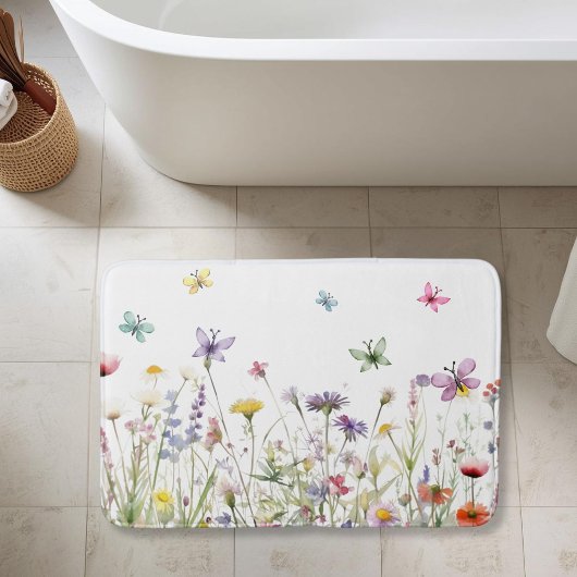 Tapis De Bain Aquarelle papillons fleur sauvage prairie délicate