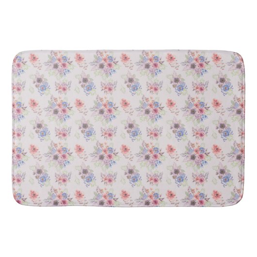Tapis De Bain Aquarelle rose et bleu Bouquets floraux (Devant)