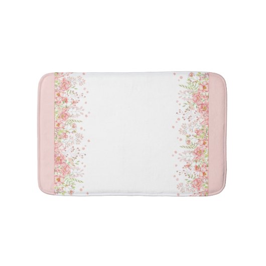 Tapis De Bain Aquarelle rose Pêche blanc Bordure florale (Devant)