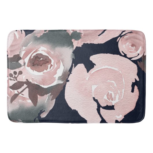 Tapis De Bain Aquarelle rose Roses Dark Navy Bleu Floral (Devant)