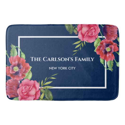 Tapis De Bain Aquarelle Rouge et rose Fleurs bleu foncé Marine (Devant)