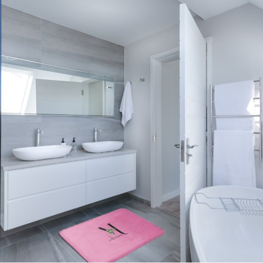 Tapis De Bain Aquarelle rouge fleur sauvage monogramme rose