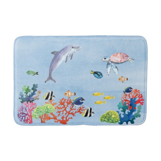 Tapis De Bain Aquarelle sous-marine Tropical Fish Dolphin Turtle (Devant)