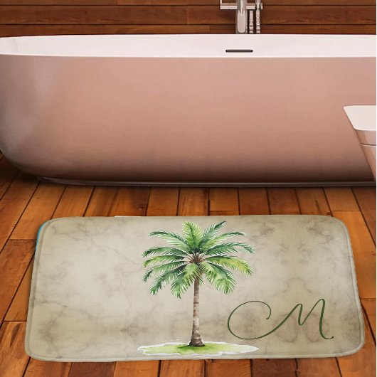 Tapis De Bain Aquarelle Tropicale Palm Monogramme Élégant