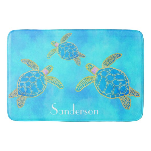 Tapis De Bain Aquarelle tropicale Tortue côtière Aqua Blue (Devant)
