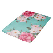 Tapis De Bain Aquarelle Vibrant rose Roses blanches Turquoise Re (Angle)