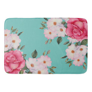 Tapis De Bain Aquarelle Vibrant rose Roses blanches Turquoise Re