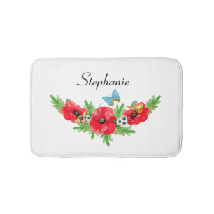 Tapis De Bain Aquarelle Vintage Whimsical Rouge Poppy avec nom
