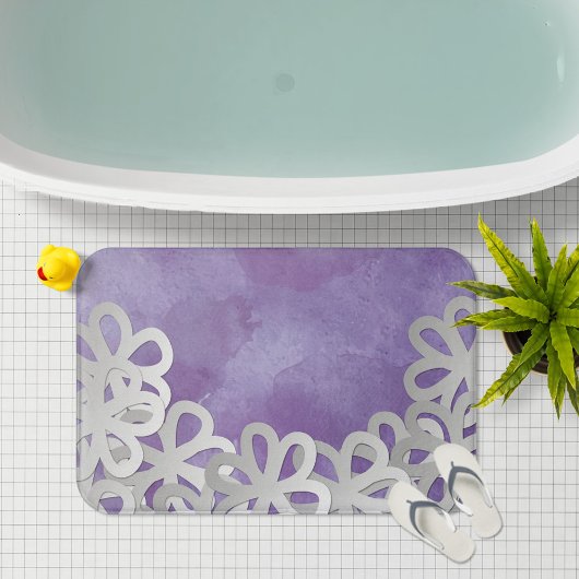 Tapis De Bain Aquarelle violette et fleurs blanches