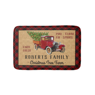 Tapis De Bain Arbre de Noël Camion Vintage Roue Plaid Russe