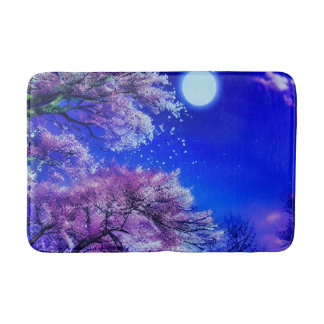 Tapis De Bain Arbre de printemps, lune, ciel bleu.