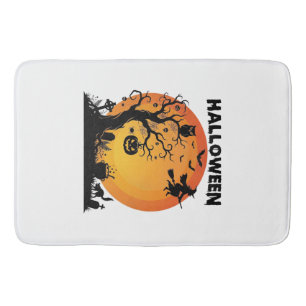 Tapis De Bain Arbre effrayant Halloween Sorcière volante Lune or