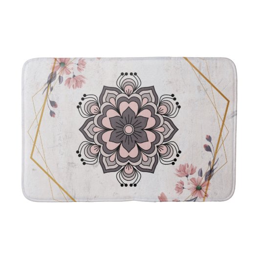Tapis De Bain Art floral Rangoli, rose et gris harmonie apaisant (Devant)