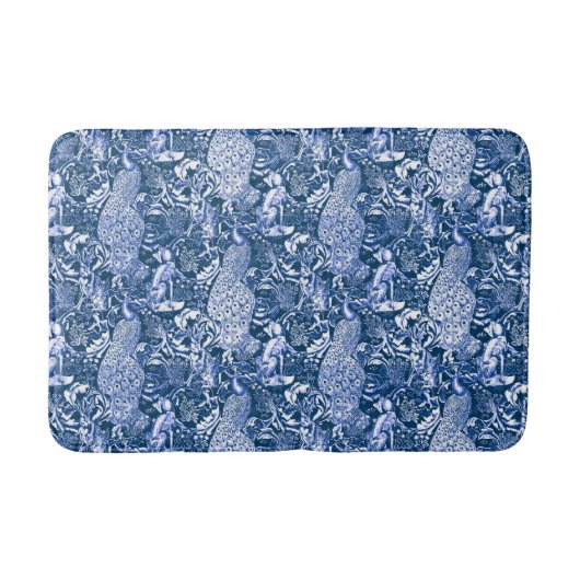 Tapis De Bain Art Nouveau Peacock Imprimer, Bleu et Blanc (Devant)