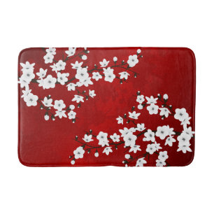 Tapis De Bain Asie Floral blanc cerisier rouge