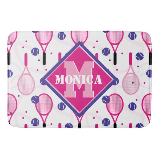 Tapis De Bain Avec nom & initiale, raquettes de tennis rose & vi (Devant)