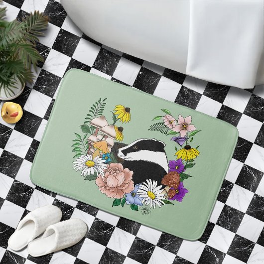 Tapis De Bain Badger Wild. Fleurs de champignons vert