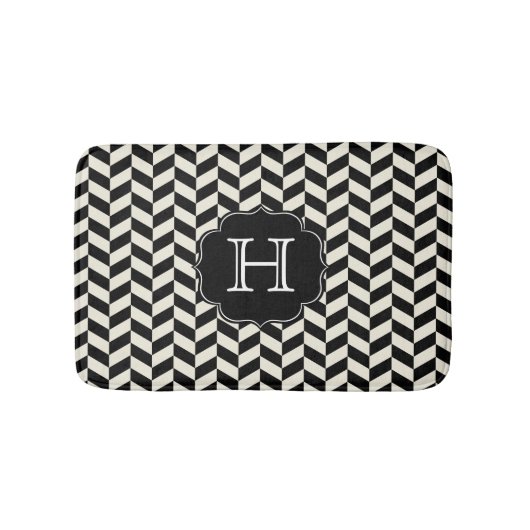 Tapis De Bain Baguette d'os de cerf noir et blanc avec Monogramm (Devant)