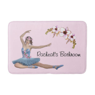 Tapis De Bain Ballerina en bleu Nom personnel rose