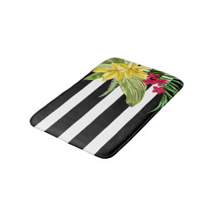 Tapis De Bain Bandes Noires Et Blanches Avec Fleurs Jaunes