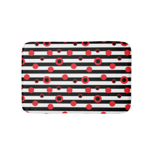 Tapis De Bain Bandes noires et blanches et cercles rouges motif