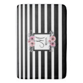Tapis De Bain Bandes noires et blanches Monogramme floral rose (devant Vertical)
