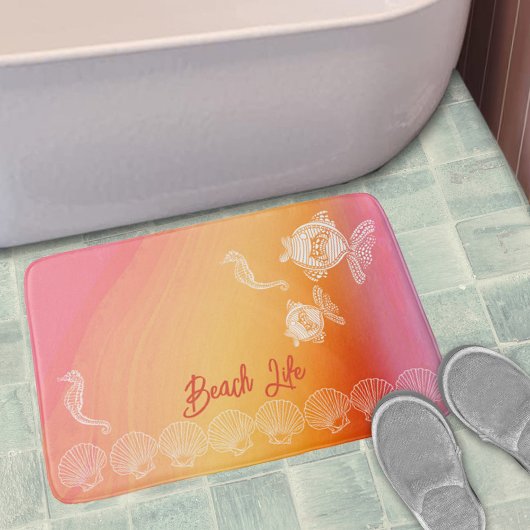 Tapis De Bain Beach Life Aquarelle Tropical Orange Rose