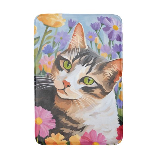 Tapis De Bain Beau chat avec des fleurs (Devant (Vertical))