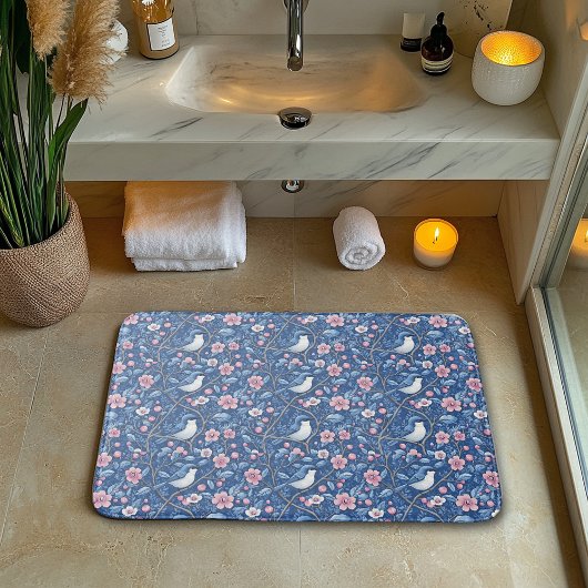 Tapis De Bain Beaux Oiseaux Bleus Roses Roses Élégants