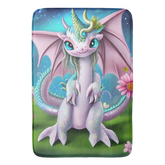 Tapis De Bain Bébé mignon et souriant Dragon aux fleurs (devant Vertical)
