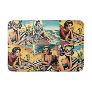 Tapis De Bain Belle dame rétro à la plage avec Cocktail