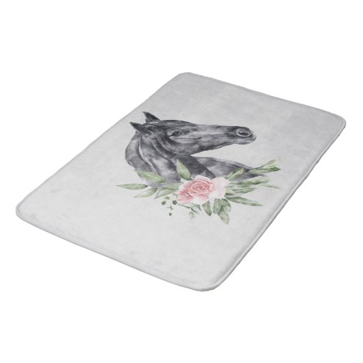 Tapis De Bain Belle tête de cheval noir Portrait d'aquarelle (Angle)