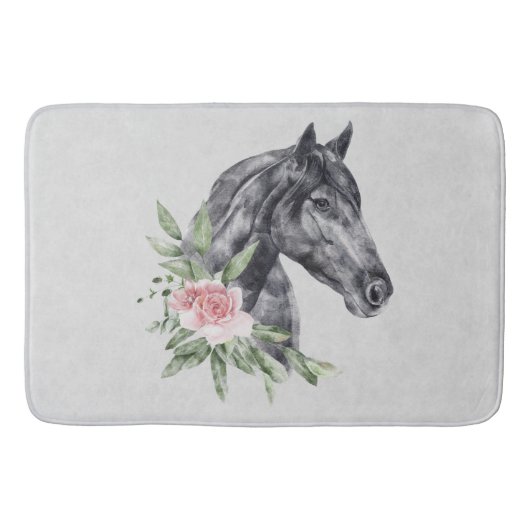 Tapis De Bain Belle tête de cheval noir Portrait d'aquarelle (Devant)