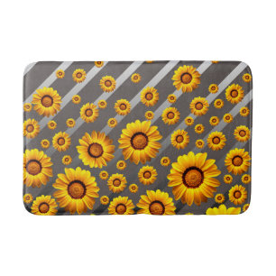 Tapis De Bain Belles fleurs jaunes sur gris, rayures argentées
