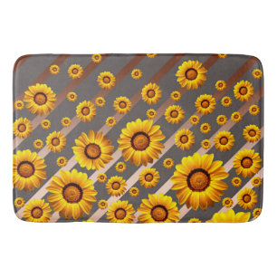 Tapis De Bain Belles fleurs jaunes sur gris, rayures marron