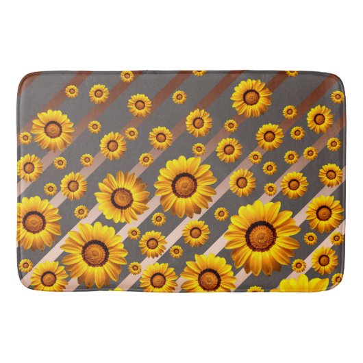 Tapis De Bain Belles fleurs jaunes sur gris, rayures marron (Devant)