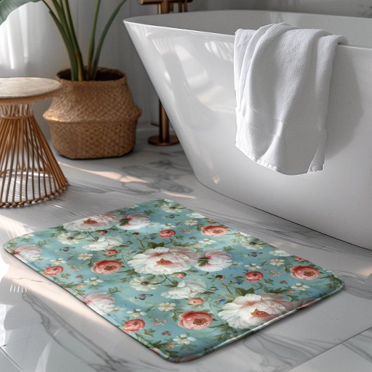 Tapis De Bain Belles pivoines blanches et rouges