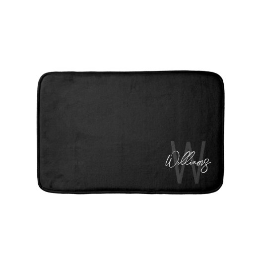 Tapis De Bain Black Modern Script Personnalisé Monogramme et nom (Devant)