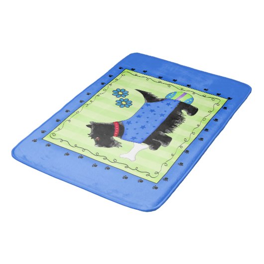 Tapis De Bain Black Scottie Terrier bleu et Lime vert (Angle)