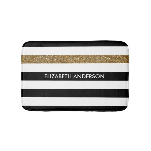 Tapis De Bain Black Stripes FAUX Gold Glitz et Nom (Devant)