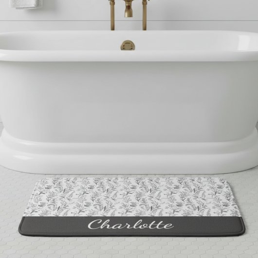 Tapis De Bain Black White Toile Floral Custom Name