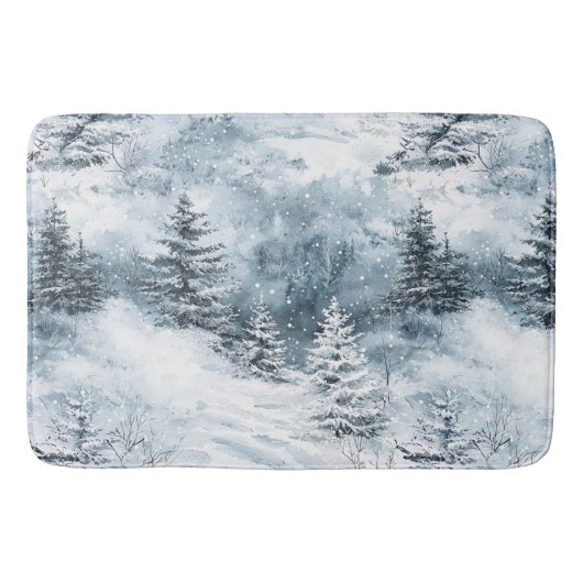 Tapis De Bain Blanc Bleu Arbres de Noël Neige d'hiver (Devant)