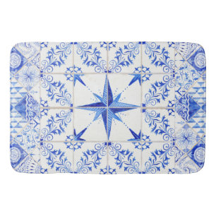 Tapis De Bain Blanc bleu de plage nautique rustique moderne de