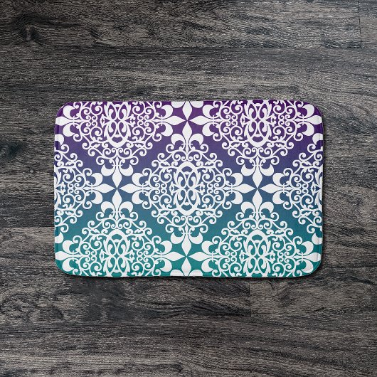 Tapis De Bain Blanc Damask Violet et Turquoise Ombre