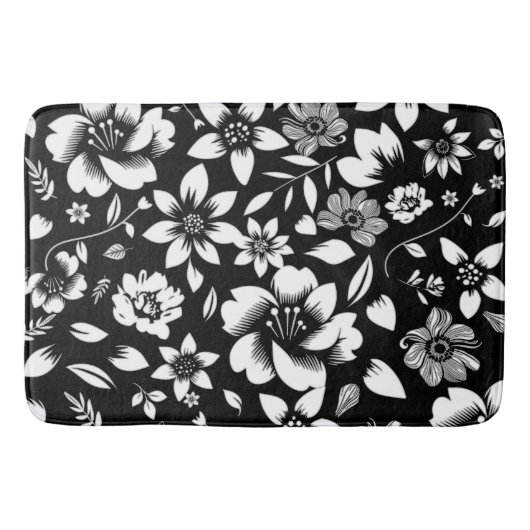 Tapis De Bain Blanc noir Feuilles floraux modernes soufflant (Devant)
