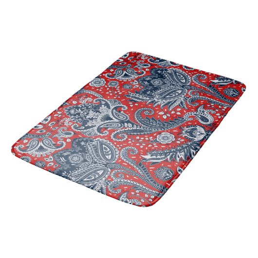 Tapis De Bain Blanc rouge et bleu Floral Paisley Bohemian Boho (Angle)