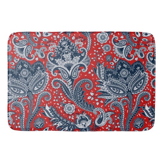 Tapis De Bain Blanc rouge et bleu Floral Paisley Bohemian Boho (Devant)