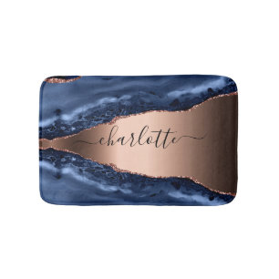 Tapis De Bain Bleu agate marbre rose or nom script