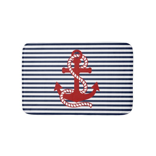Tapis De Bain Bleu blanc de la marine et Ancre rouge (Devant)