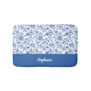 Tapis De Bain Bleu Blanc Floral Vintage Nom Personnalisé